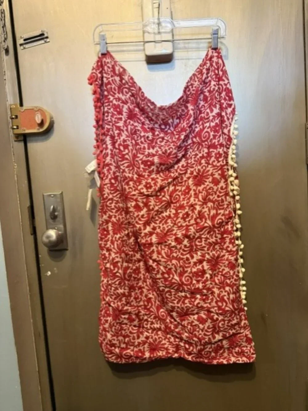 Boho Red & White paisley Infinity scarf with Pom-poms